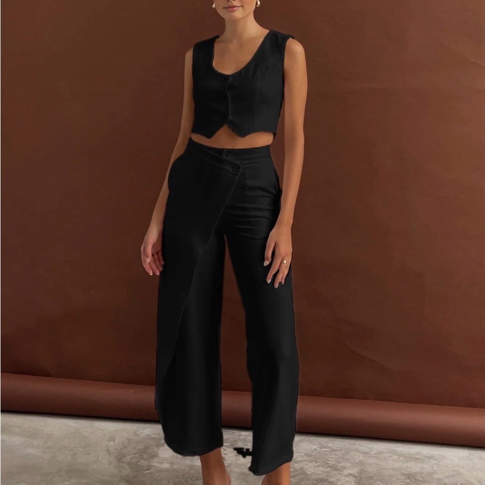 Commense Asymmetrical Black Wide-Leg Wrap Pants. And Vest